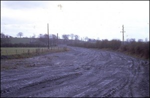 Line of the Ashby Canal North of Snarestone filled in with pit waste. Photo, May 1971.   